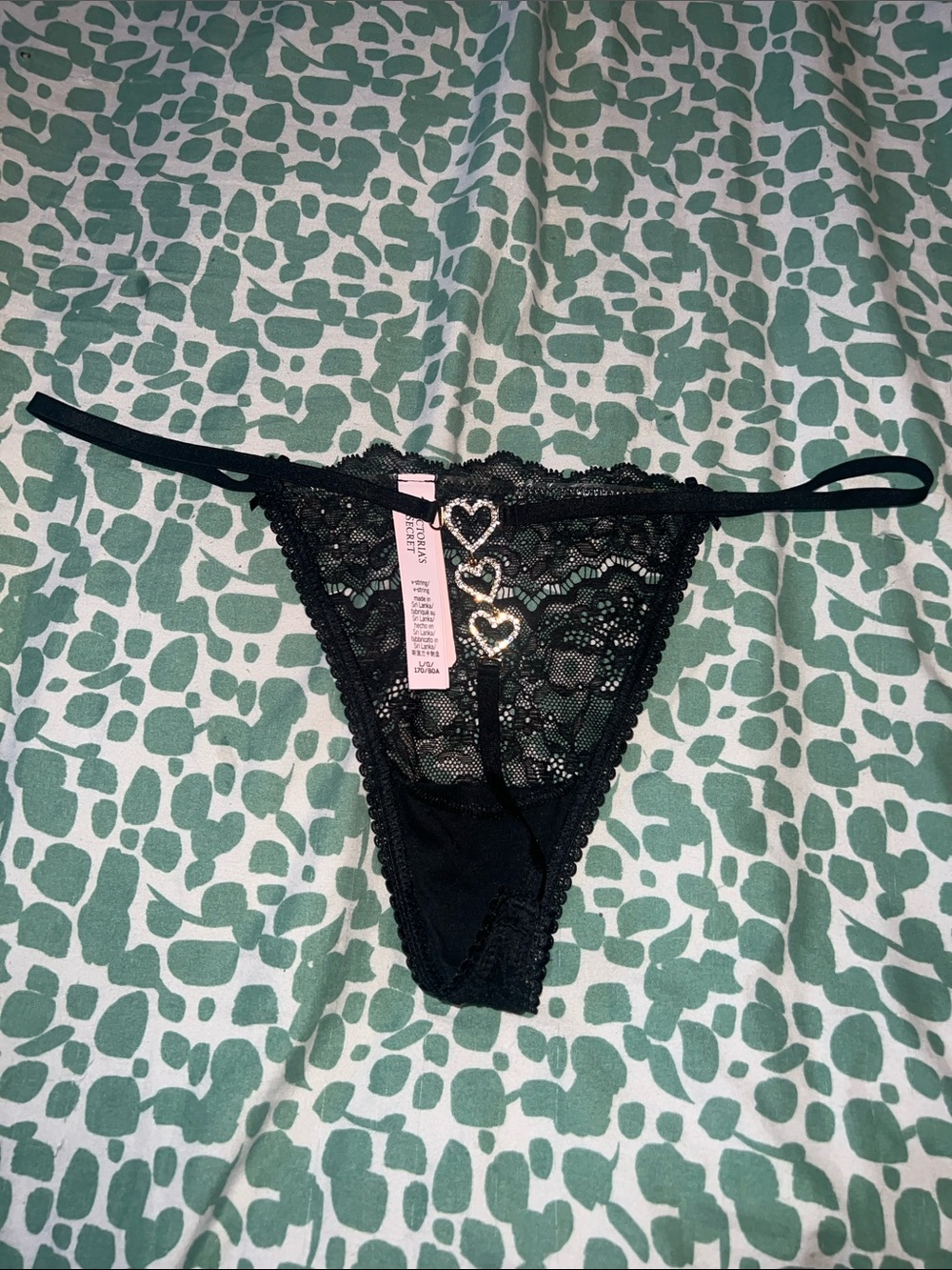 Victoria's Secret Black Lace Thong with Heart Charms